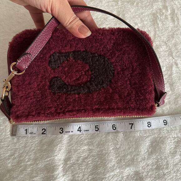 Coach Shearling Fur Shoulder Bag Burgundy Wine Leather Mini Y2K Cozy Chic - Picture 15 of 15